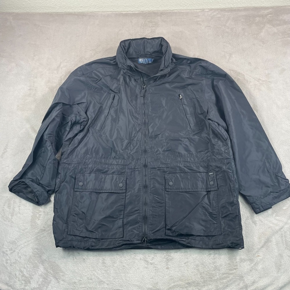 Polo Ralph Lauren Rain Coat Jacket Men 2XL Black Foldable Hood Full‎ Zip Vented